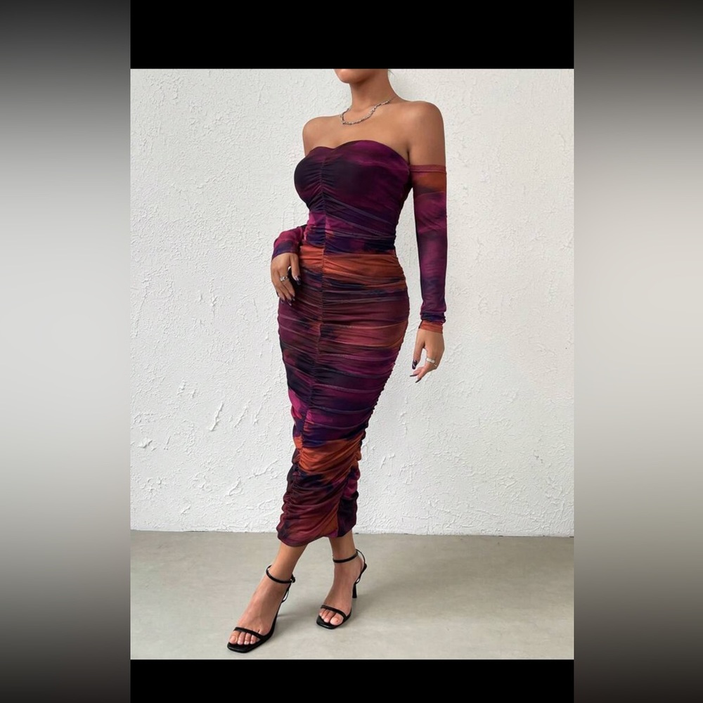 Shein Bae dress off shoulder ruched mesh